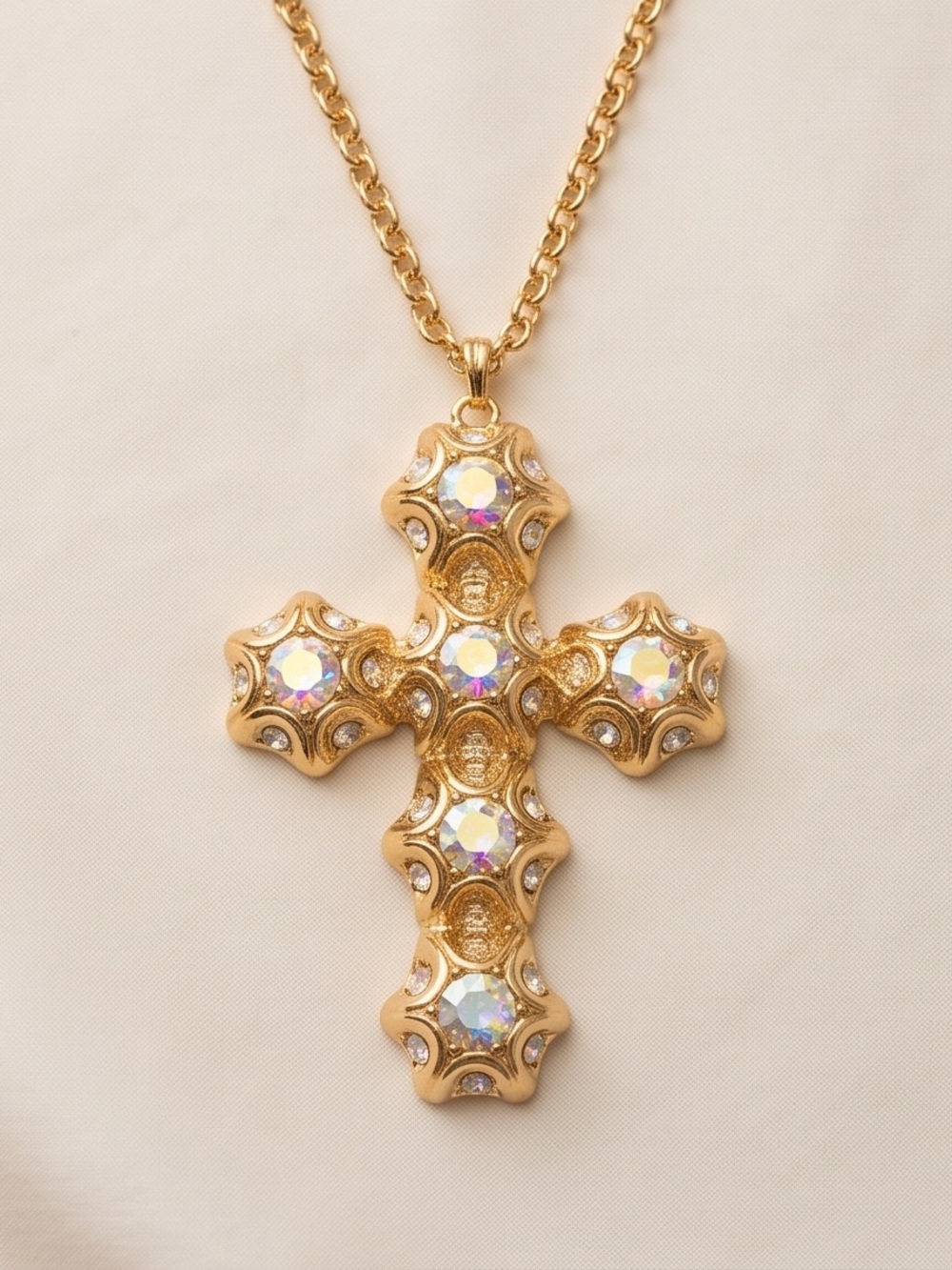 Gold-Tone Cross Pendant Necklace with Iridescent Crystal Accents - Gold